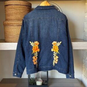 Distressed Denim Jacket Floral Embroidered Detail